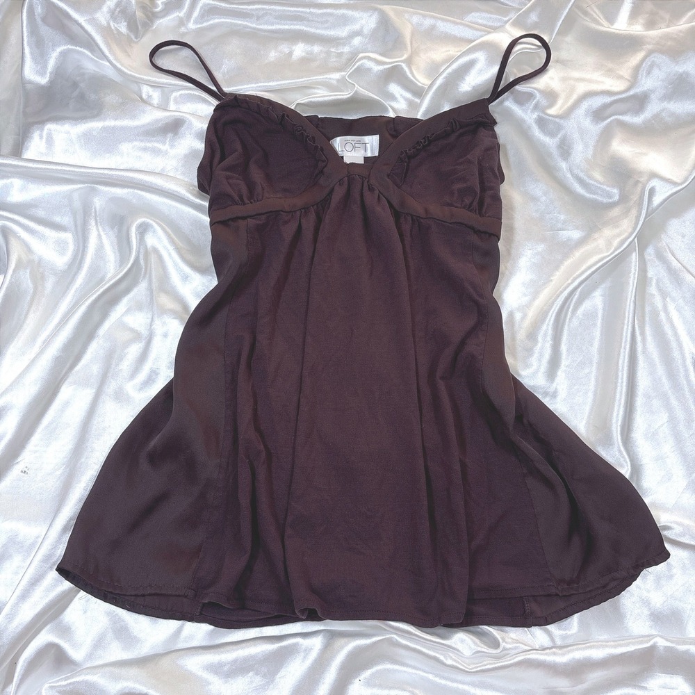 y2k Cami Top Brown Excellent Ann Taylor LOFT Ruffle Empire Waist Babydoll Tank